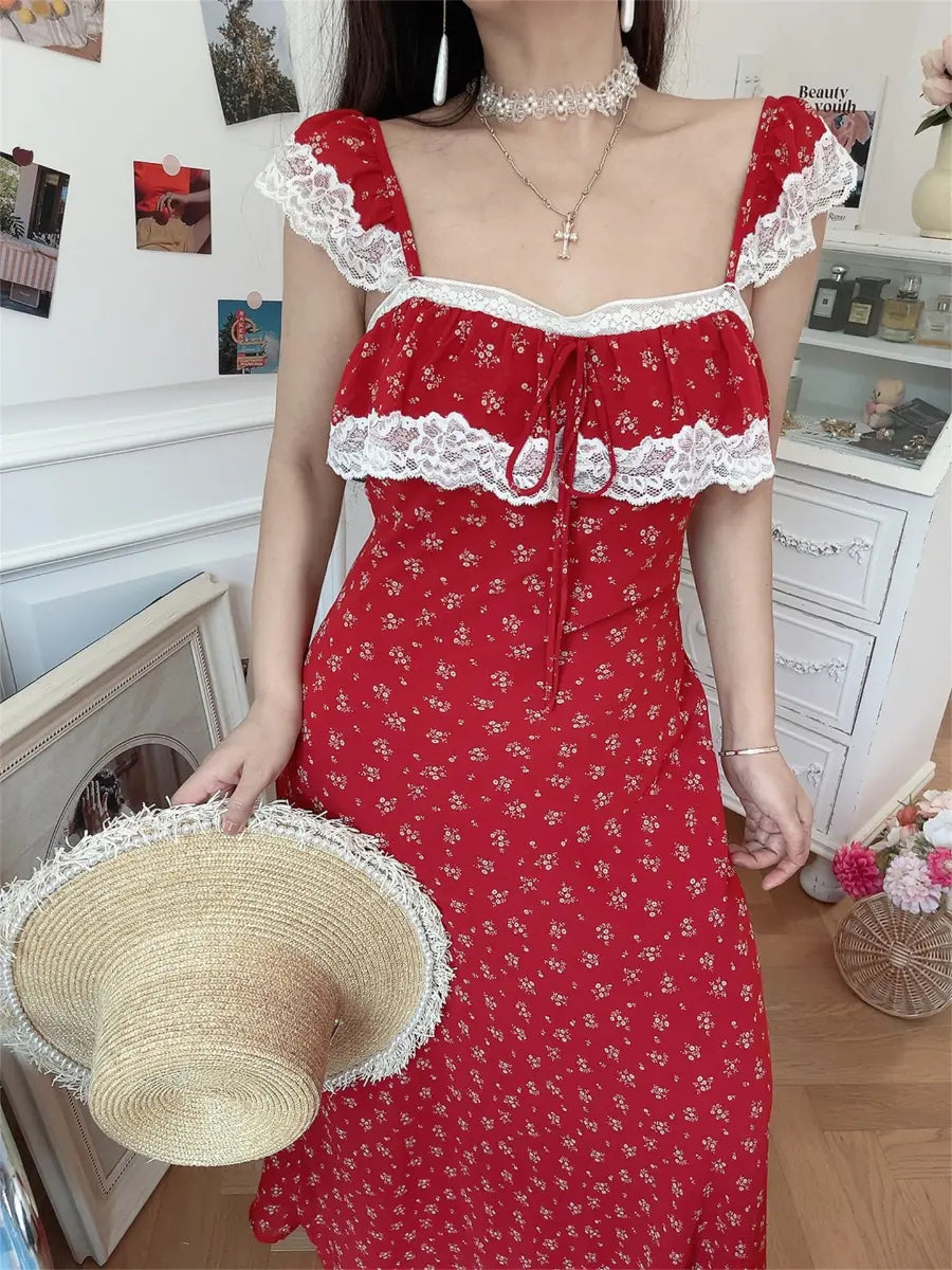 Close-up of red ditsy floral lace-trim maxi dress on model