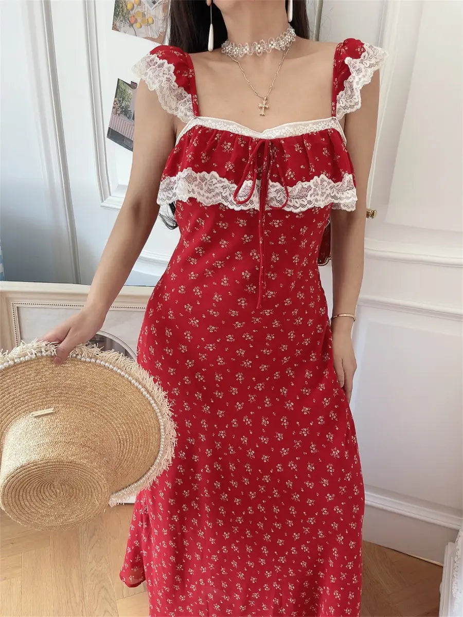 Model in red ditsy floral lace-trim maxi dress, front view