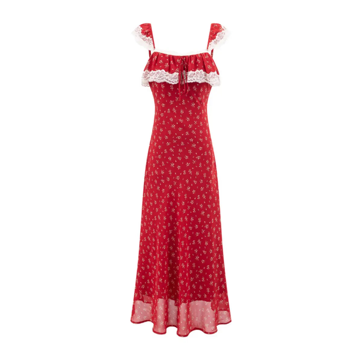 Red ditsy floral lace-trim maxi dress, front view on white background