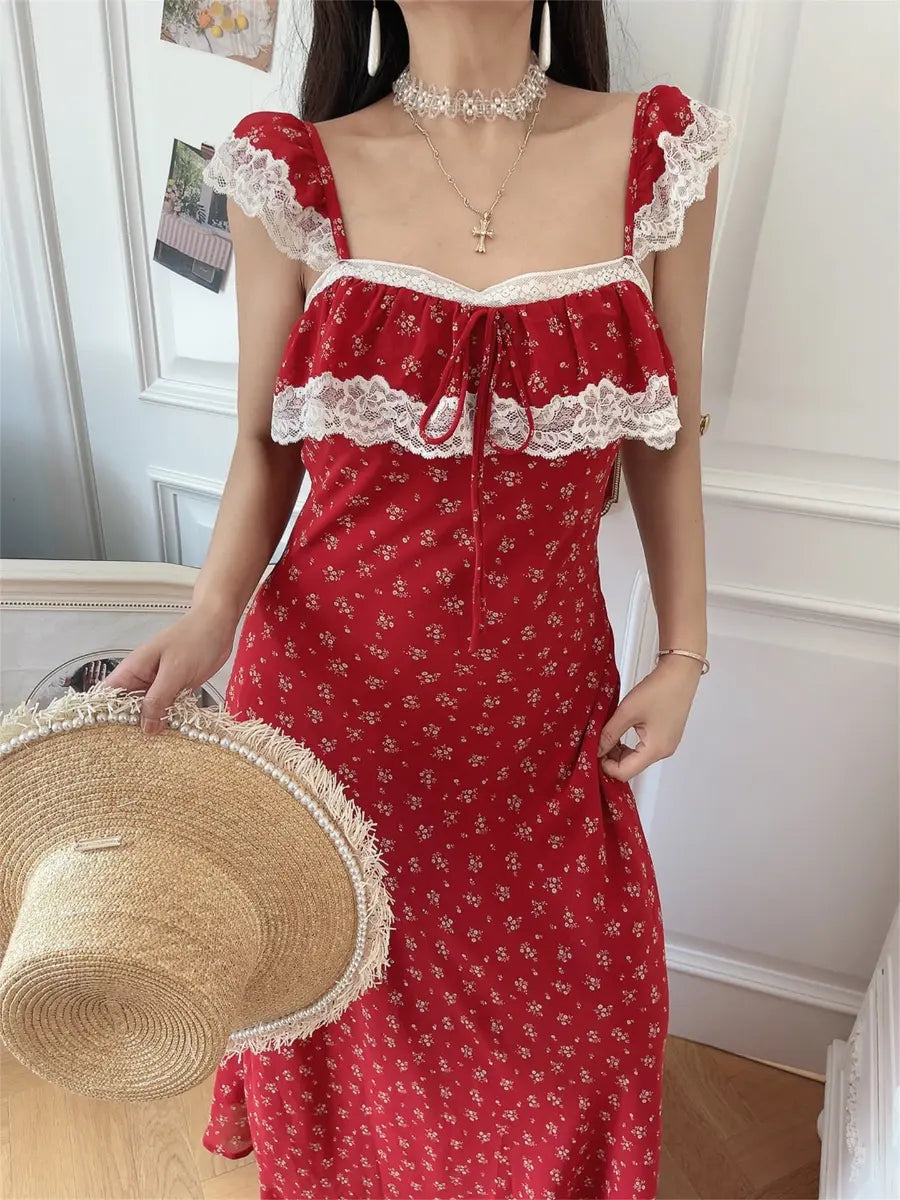 Side view of red ditsy floral lace-trim maxi dress on model