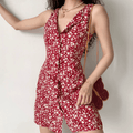 Front view red tiny floral sleeveless mini dress, V neck collar button down split hem slim vintage elegant party dress