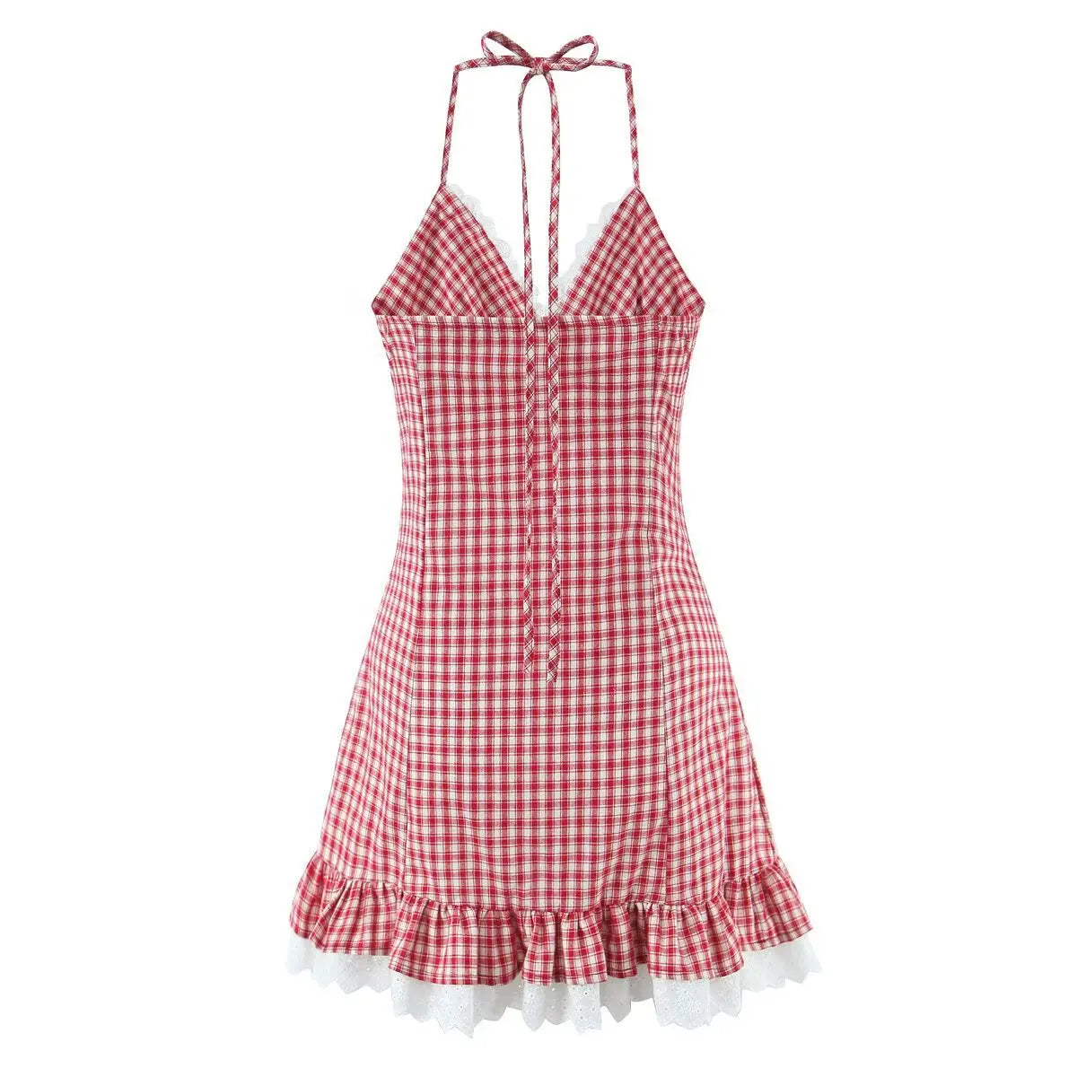 Red gingham halter mini dress, back view on white background