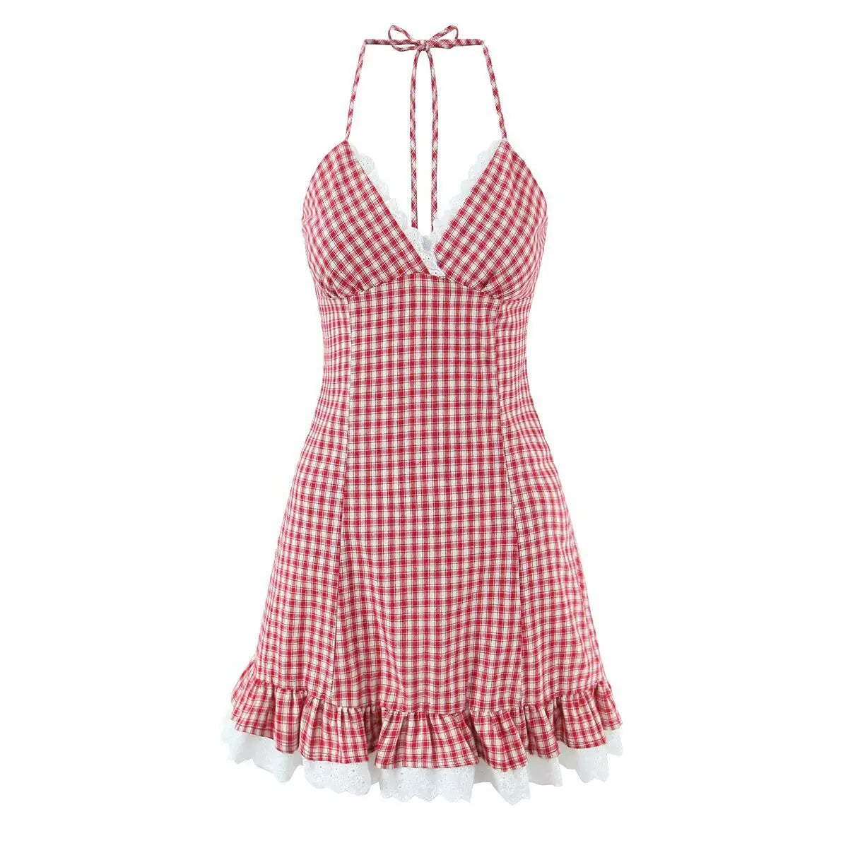 Red gingham halter mini dress, front view on white background