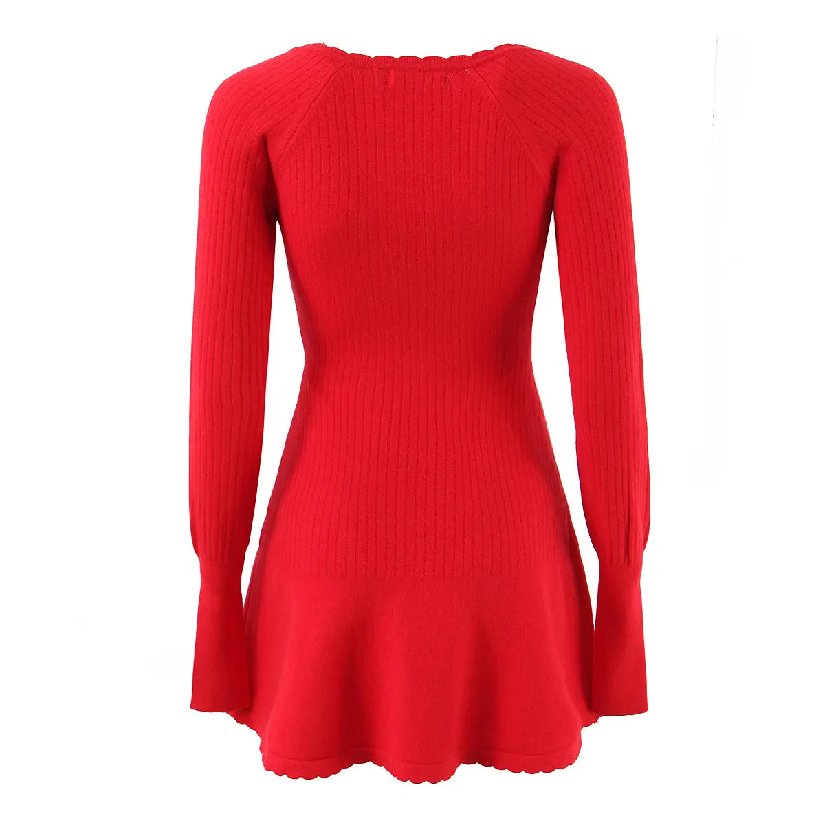 Back view of red ribbed knit mini dress with flared scalloped hem