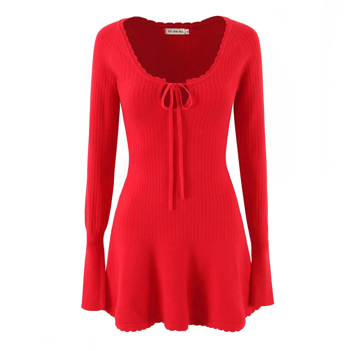 Front view of red knit mini dress with scalloped neckline, tie detail, and flared hem