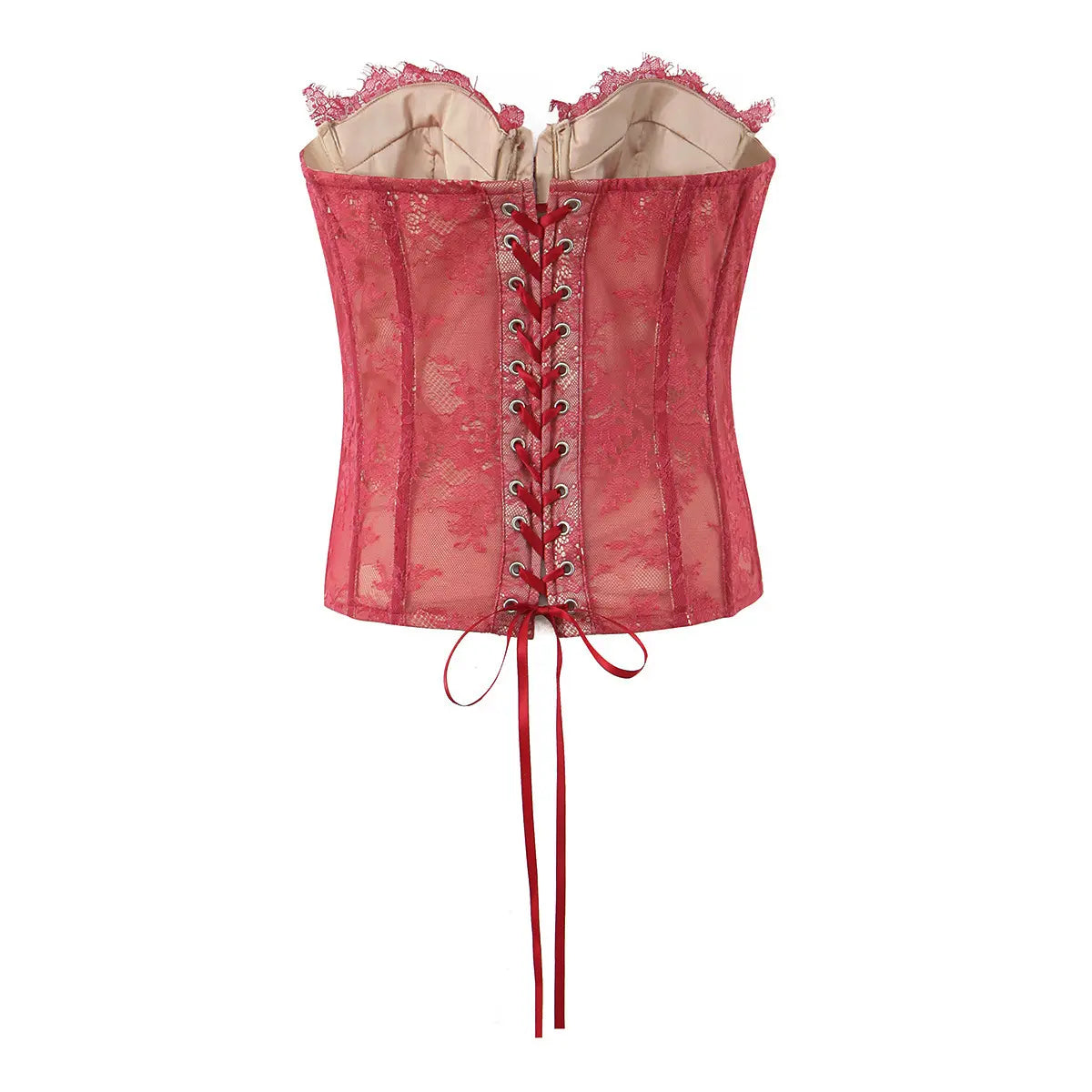 Red lace strapless corset top, back view on white background