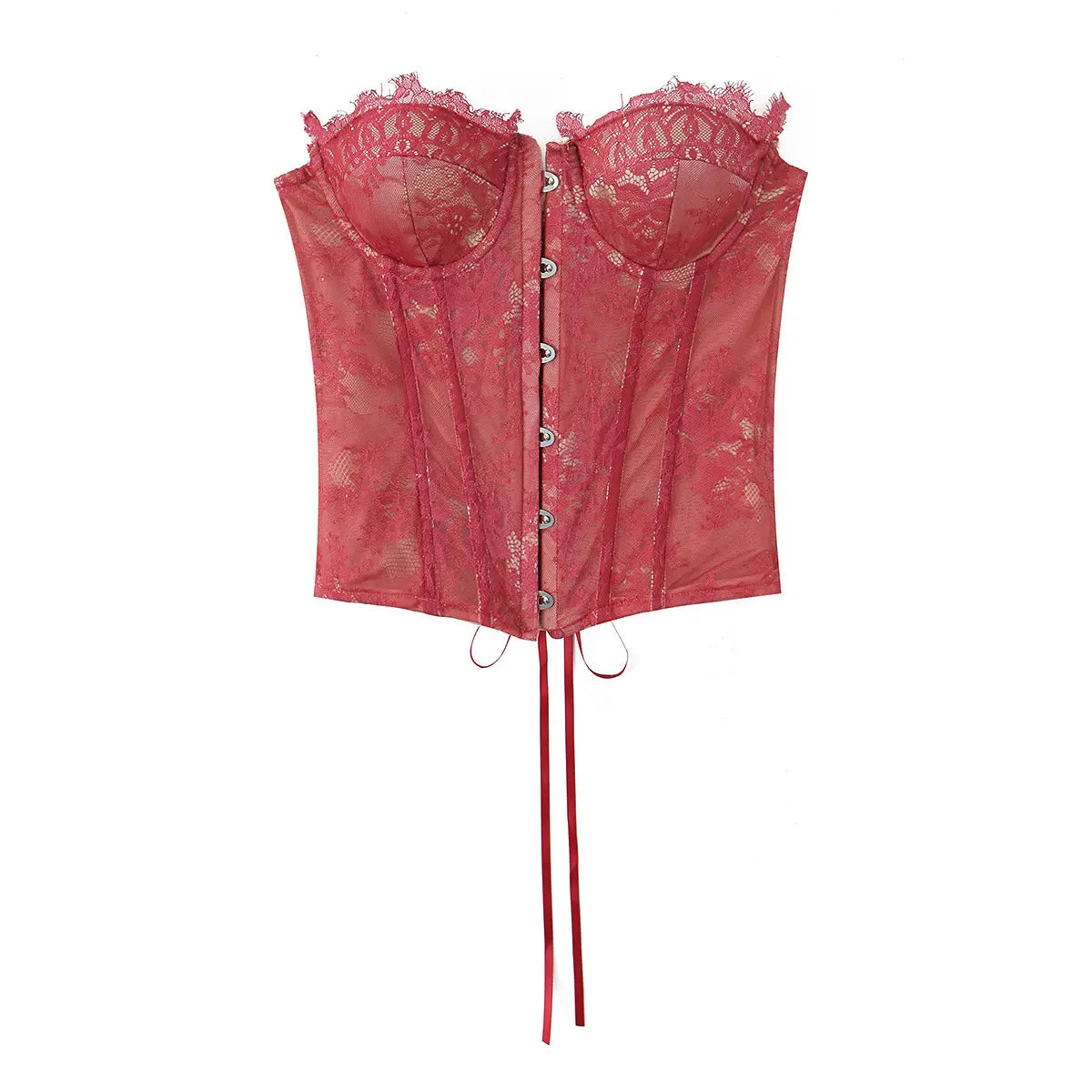 Front detail view of red lace strapless corset top on white background