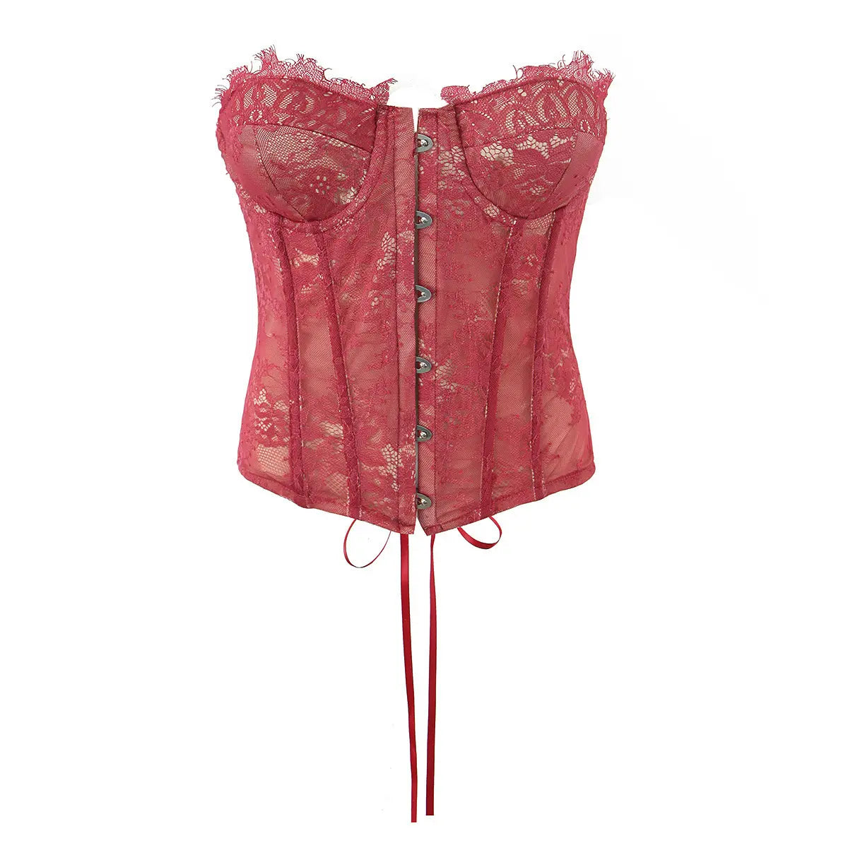Red lace strapless corset top, front view on white background