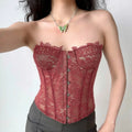 Model wearing red lace strapless corset top