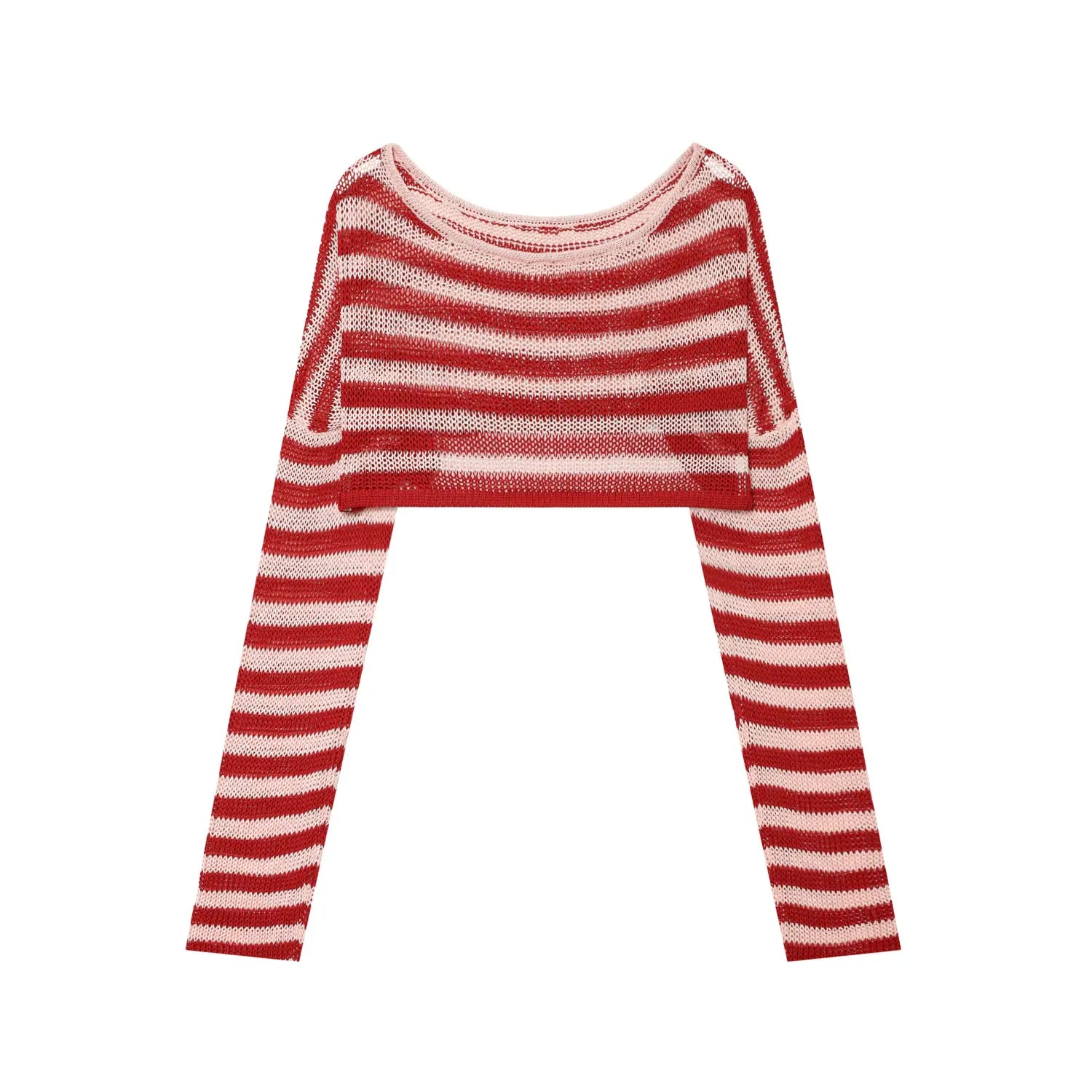 Studio white background full front shot of red pale pink striped hollow mesh off shoulder cropped knit cover up, long straight sleeves, loose boat neck