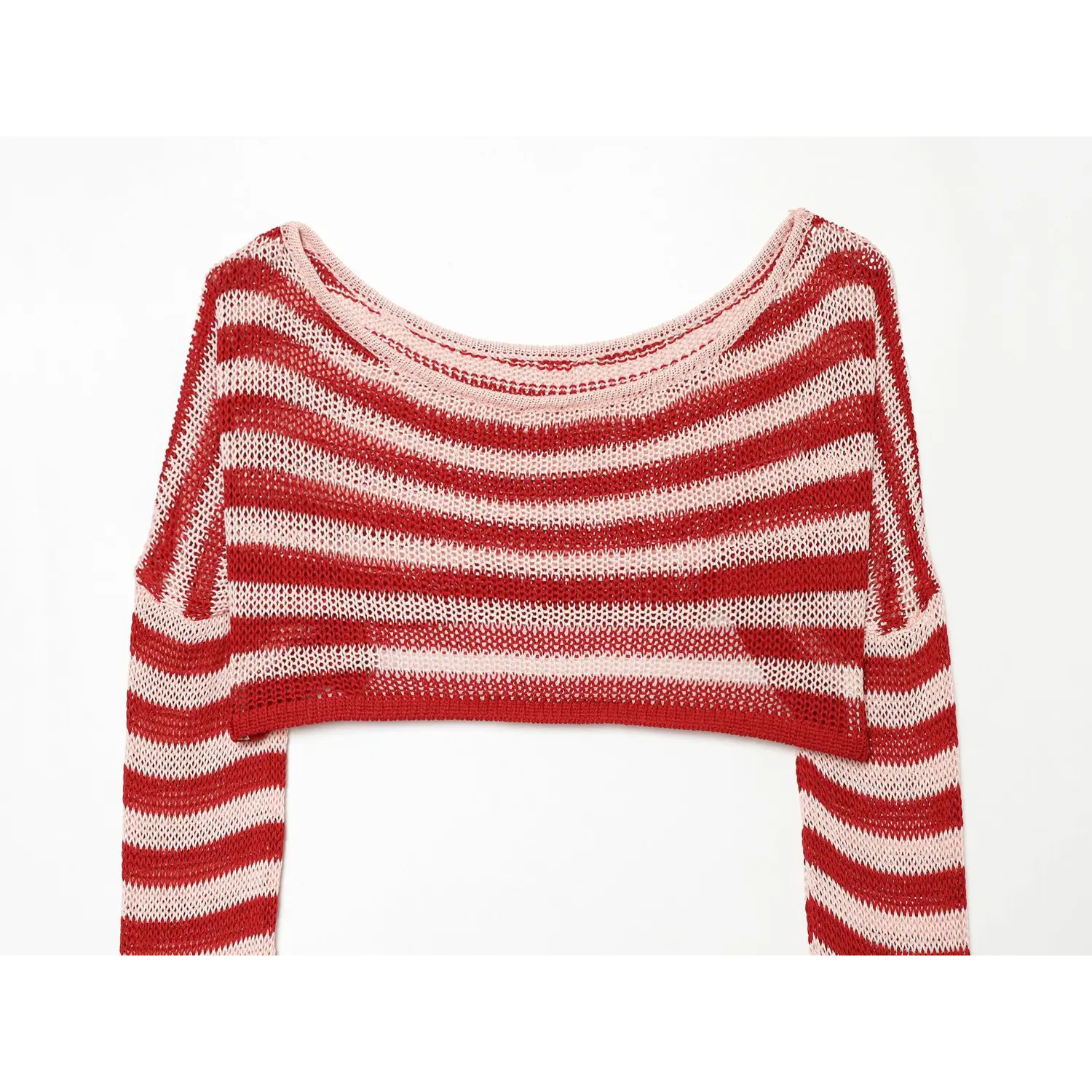 Chest partial close-up of striped hollow knit top, wide boat neckline mesh texture, two-tone stripe layout