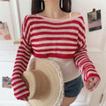 Full front shot of striped off shoulder cropped knit top, full horizontal stripe layout, loose casual fit