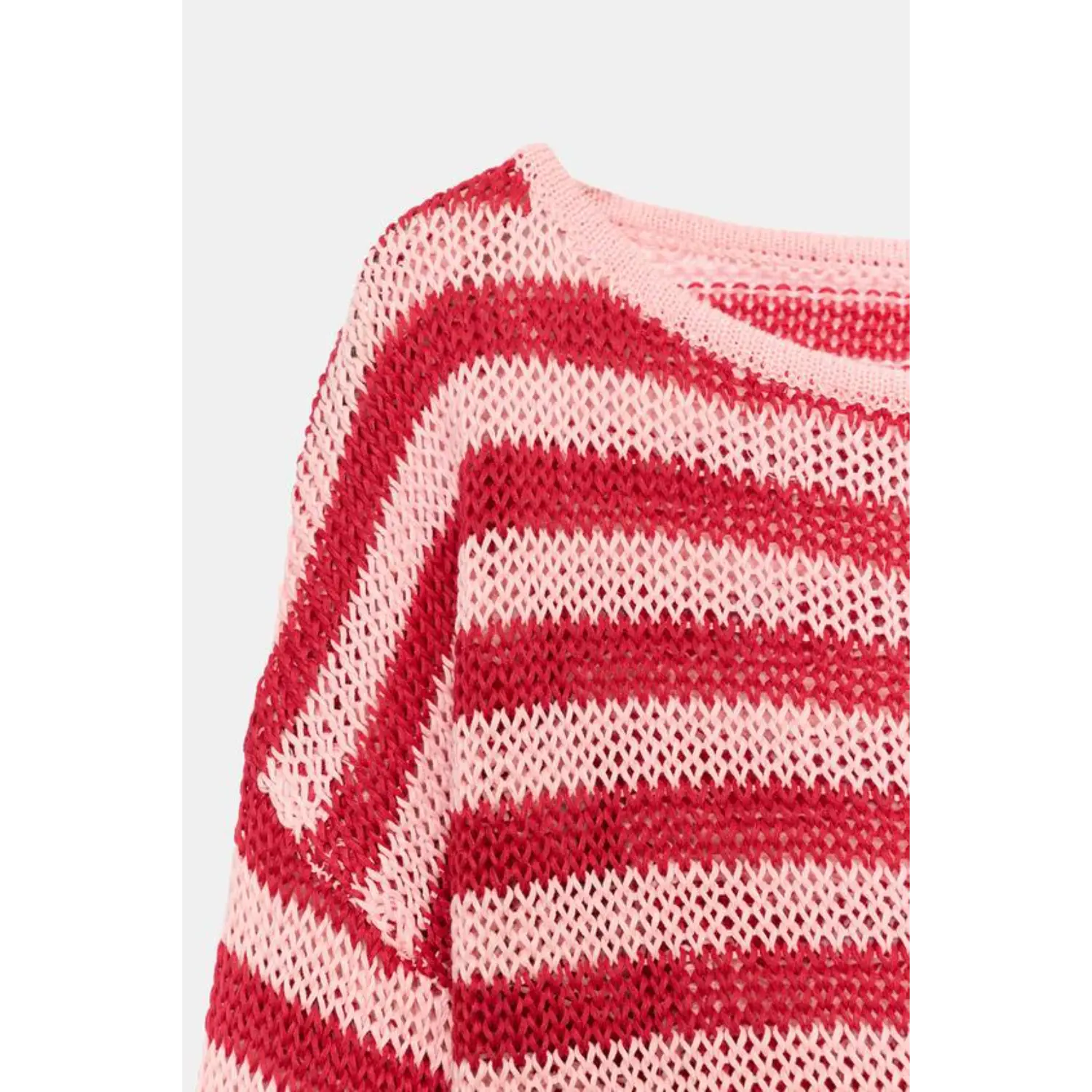 Shoulder partial shot of hollow striped knit top, sloped off-shoulder boat neck mesh weave detail