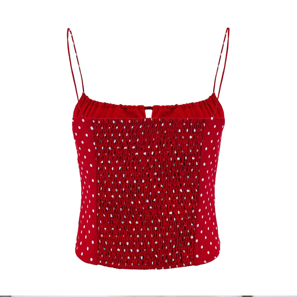 Flat back view of red polka dot cami top with full smocked elasticated back panel and adjustable thin straps
