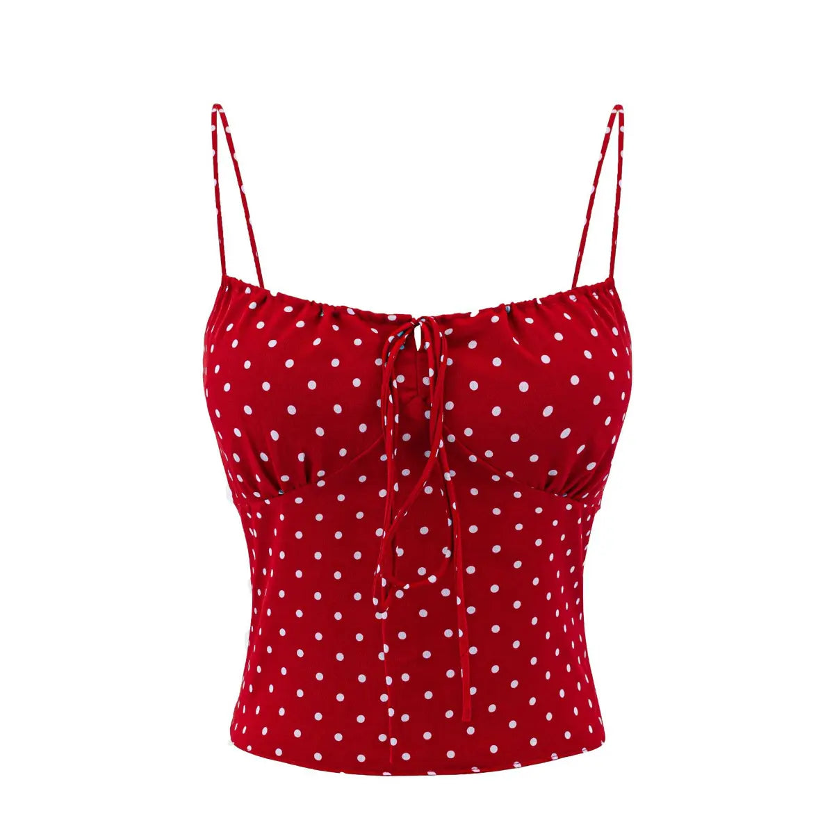 Front view of red polka dot cami top with sweetheart neckline, drawstring tie detail, and cropped fit