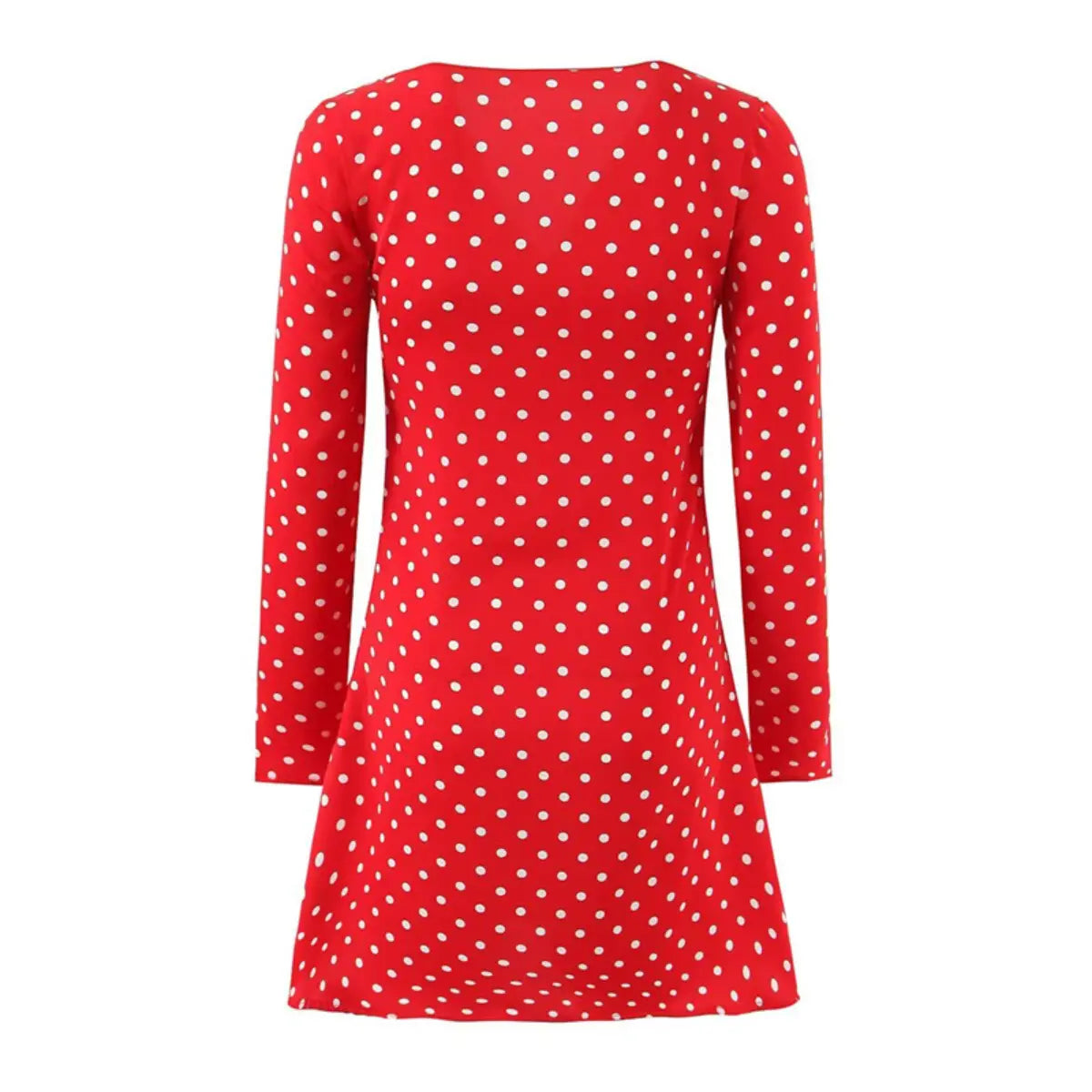 Back view of red polka dot long sleeve mini dress