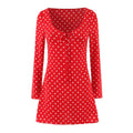 Front view of red white polka dot dress with tie detail