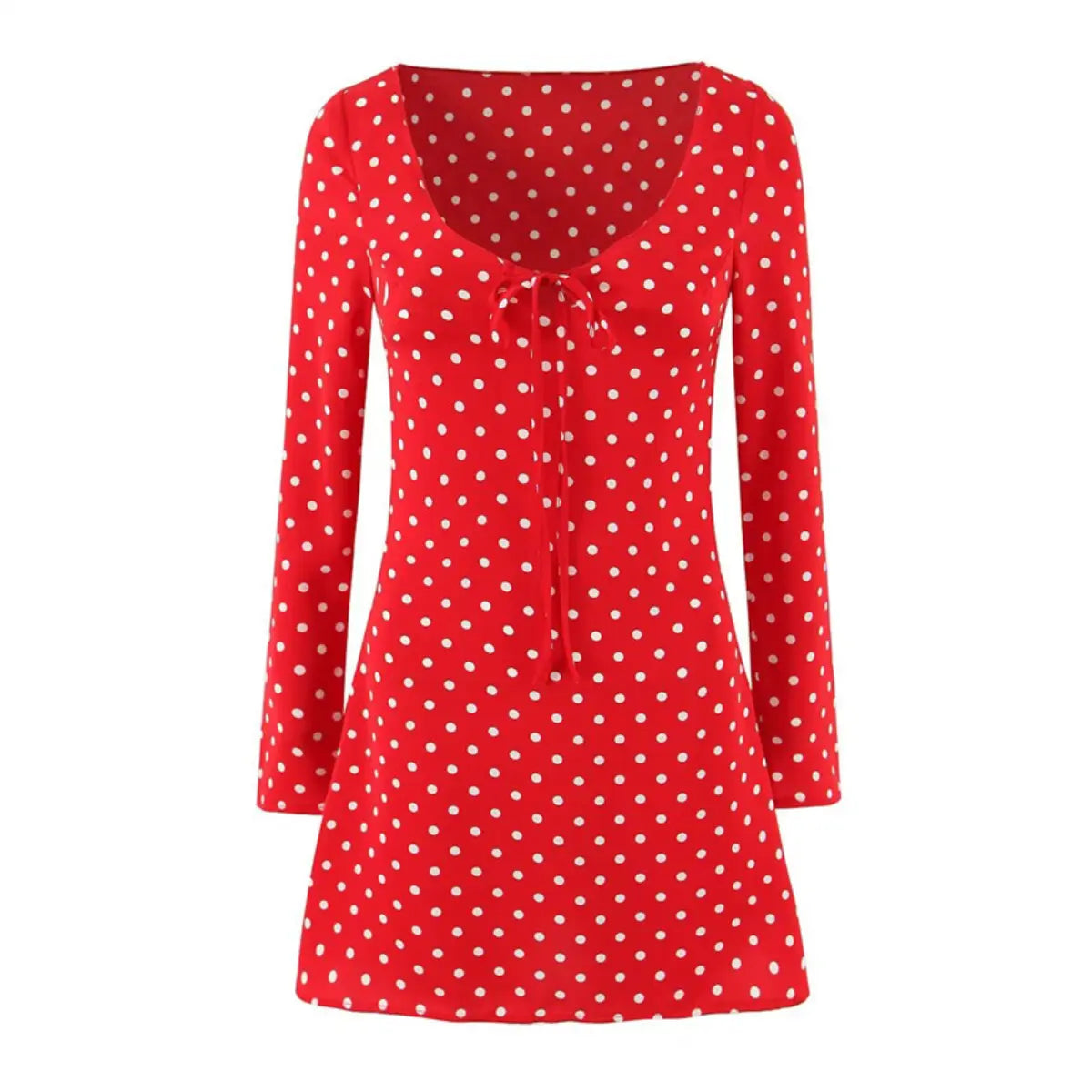 Front view of red white polka dot dress with tie detail