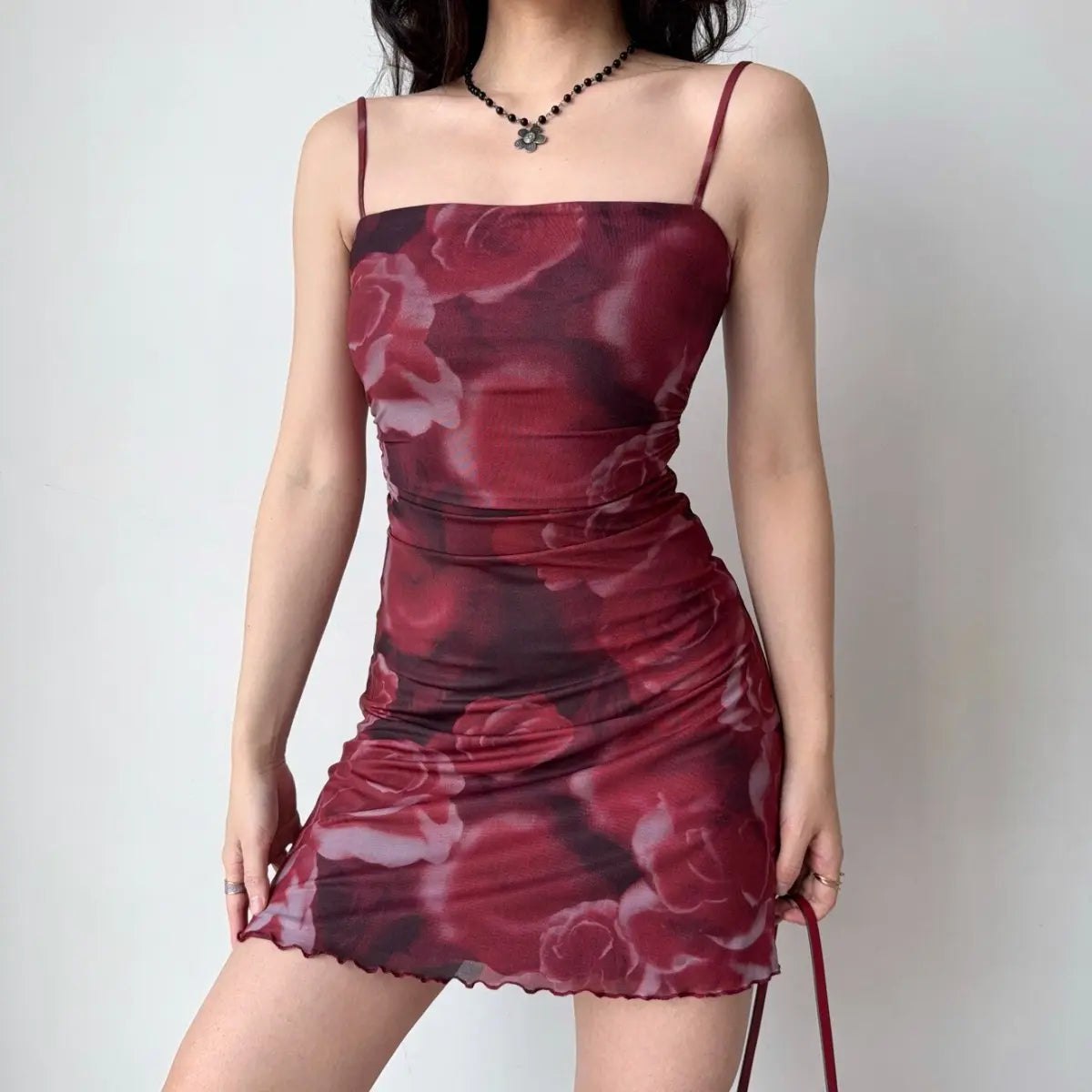Red floral print mesh bodycon dress