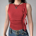 Red ruched tank top with ruffle strap detail on one shoulder