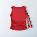 Front view of red ruched tank top with ruffle strap detail