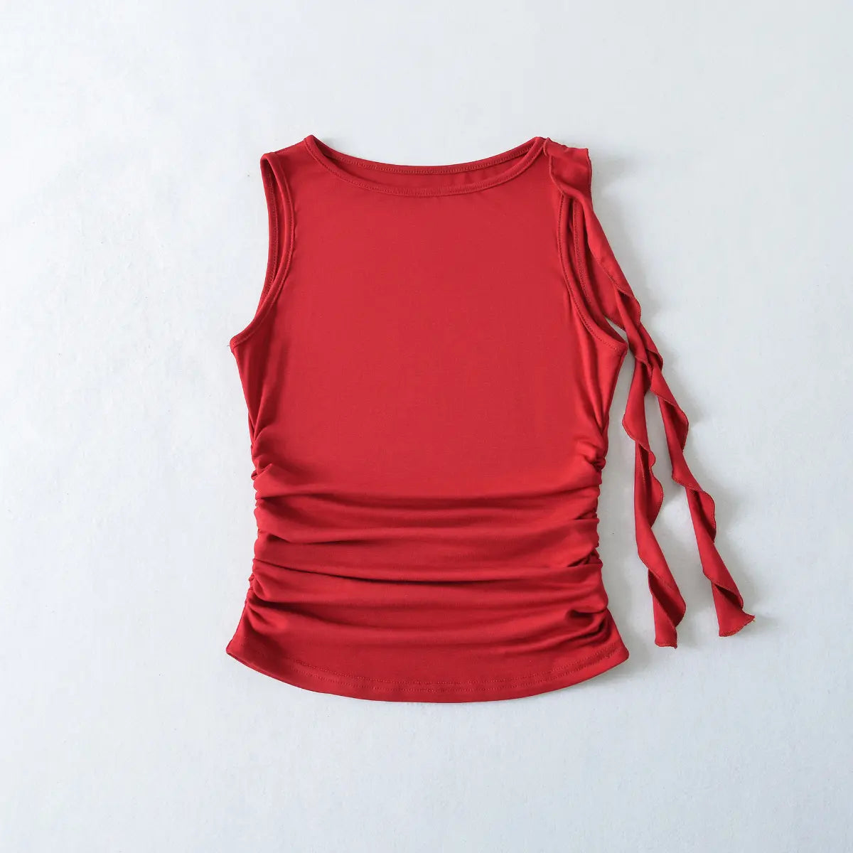 Front view of red ruched tank top with ruffle strap detail