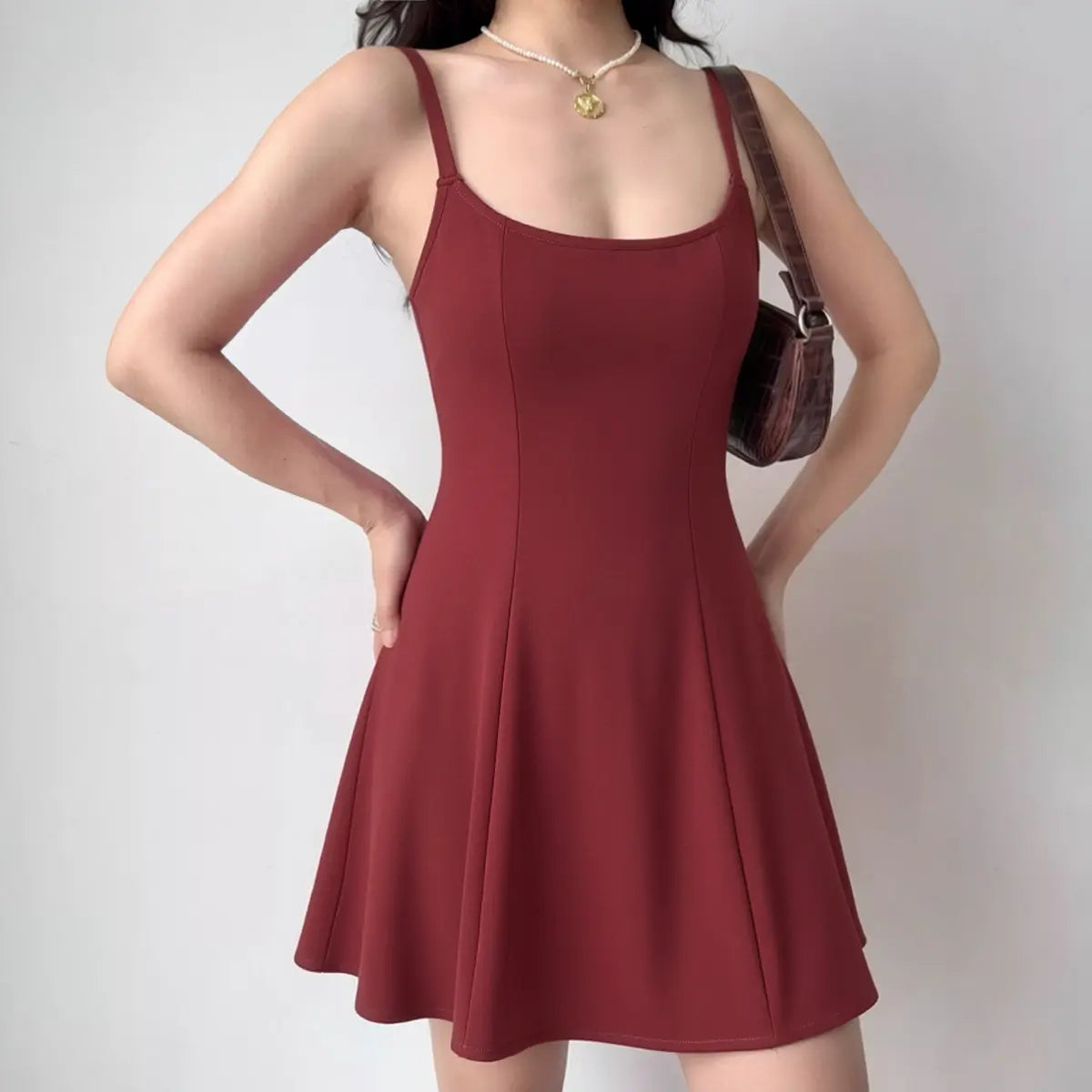 Red square-neck cami A-line dress with double straps and flared hem