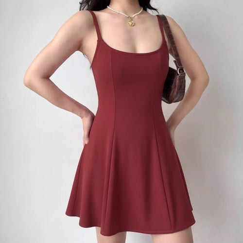 Red square-neck cami A-line dress with double straps and flared hem