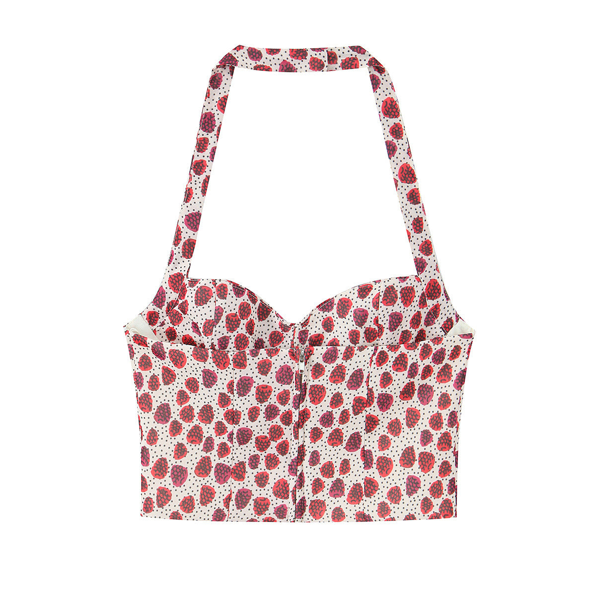 Back flat view red strawberry polka dot print halter neck sweetheart bustier back zip sleeveless slim crop cami top, sweet vintage casual vest