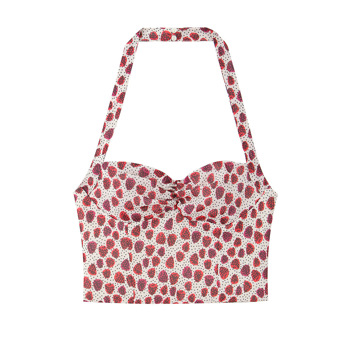 Front flat view red strawberry polka dot print halter neck sweetheart bustier front bow tie cinched sleeveless high waist crop cami top, elegant sweet vintage summer blouse