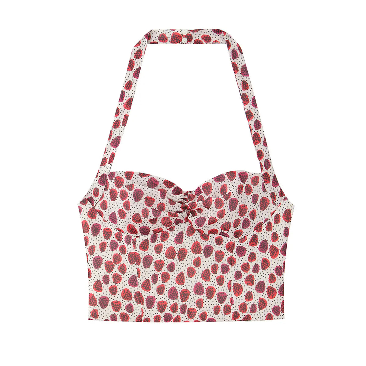 White base strawberry print halter corset top with bust front tie detail, flat lay