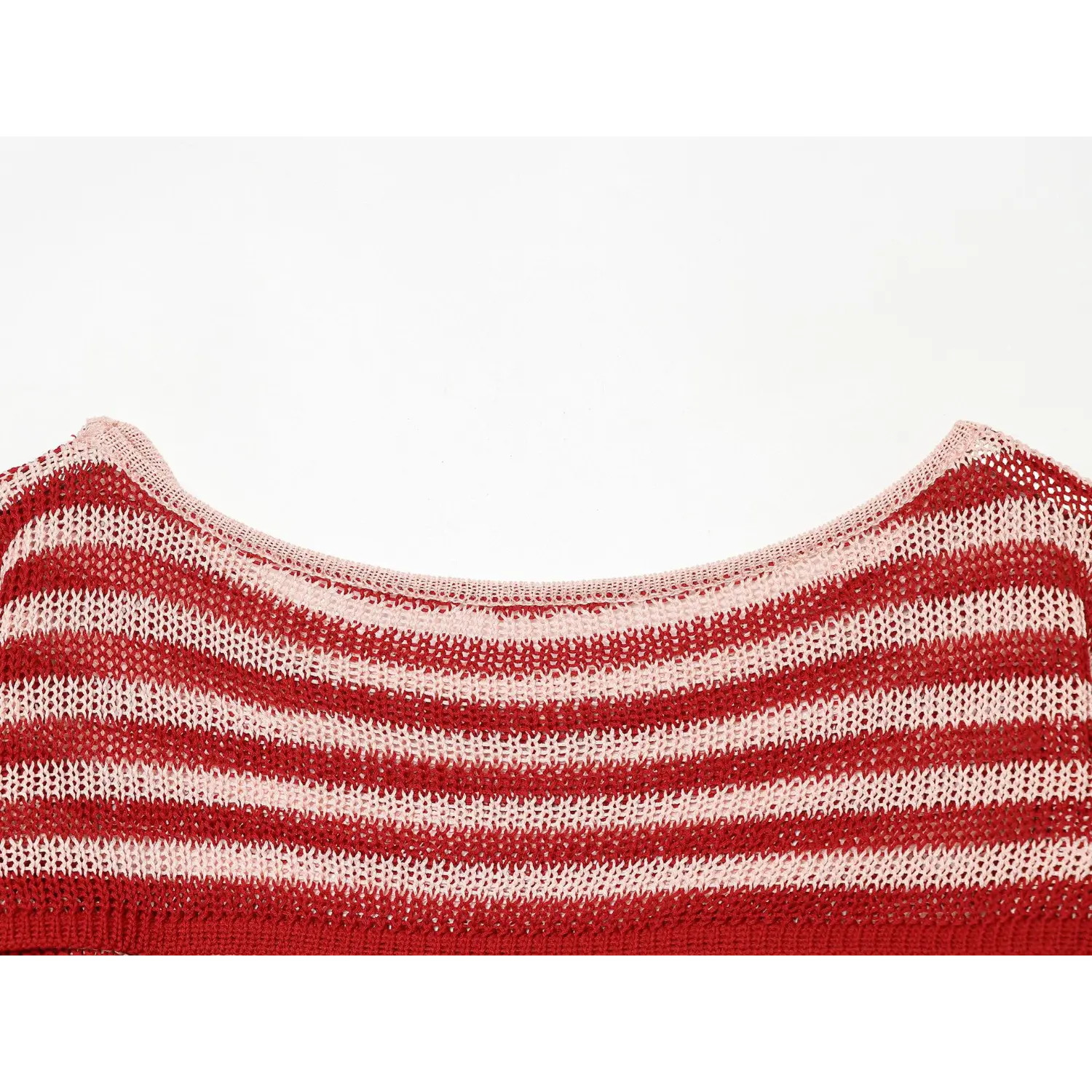 Neckline macro detail shot, pale pink ribbed edge trim, open mesh knit fabric texture