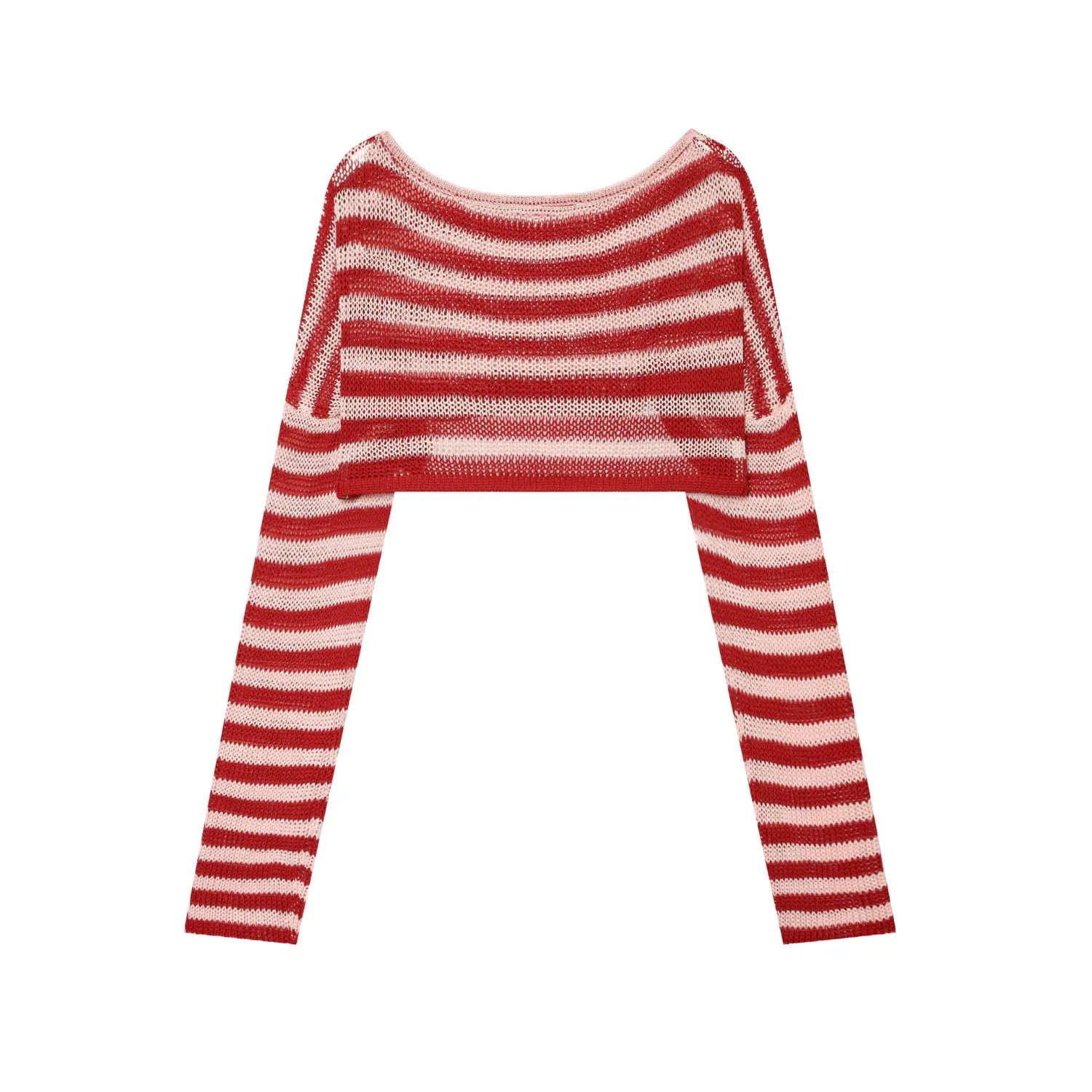 Duplicate studio front flat shot of red pink horizontal stripe breathable hollow knit cropped top