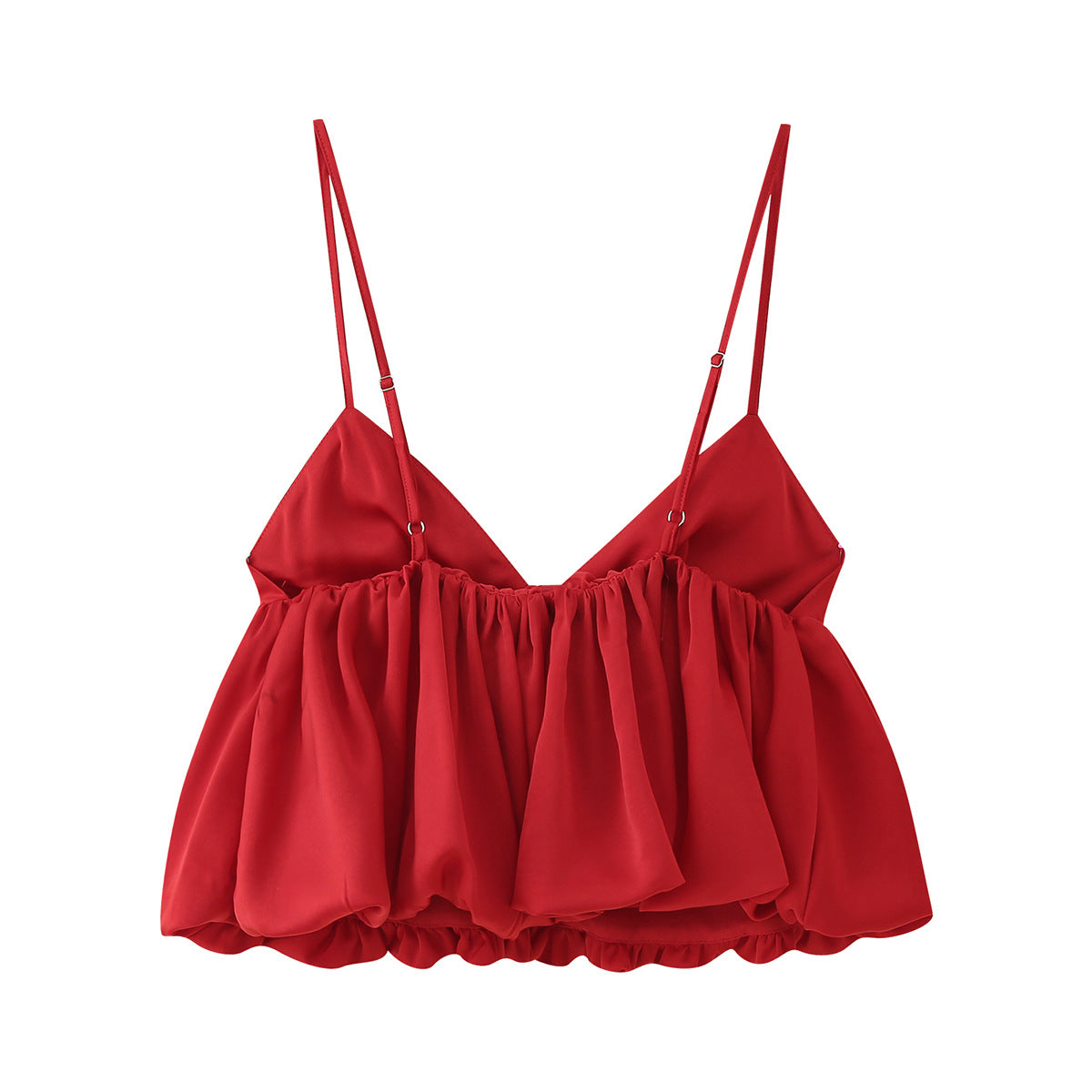 Back flat view red adjustable strap ruffled wavy hem woven polyester slim crop cami tank top, elegant chic casual blouse