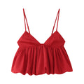 Women red V neck ruffled peplum hem adjustable thin strap woven polyester opaque crop cami tank top, elegant chic casual party blouse