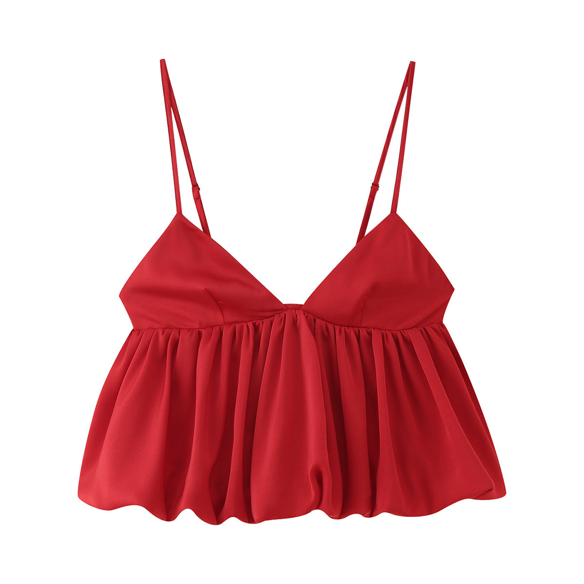 Women red V neck ruffled peplum hem adjustable thin strap woven polyester opaque crop cami tank top, elegant chic casual party blouse