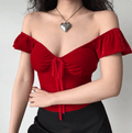 Full front off shoulder view red velvet V neck ribbon tie puff sleeve slim crop top, elegant romantic vintage party blouse