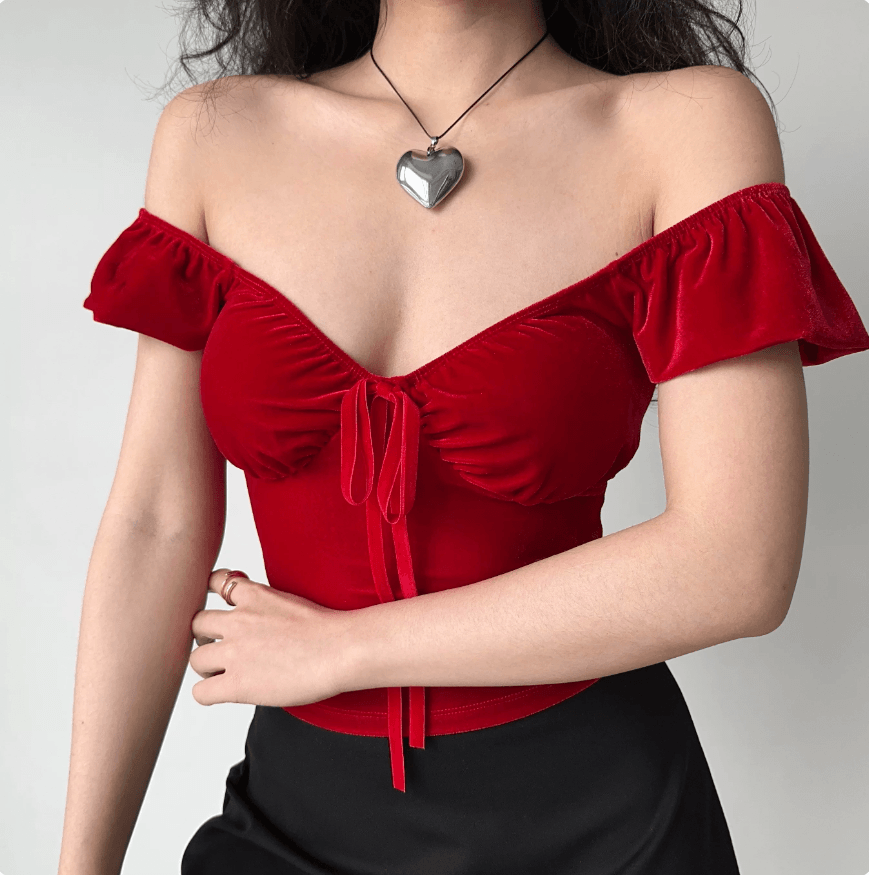 Full front off shoulder view red velvet V neck ribbon tie puff sleeve slim crop top, elegant romantic vintage party blouse