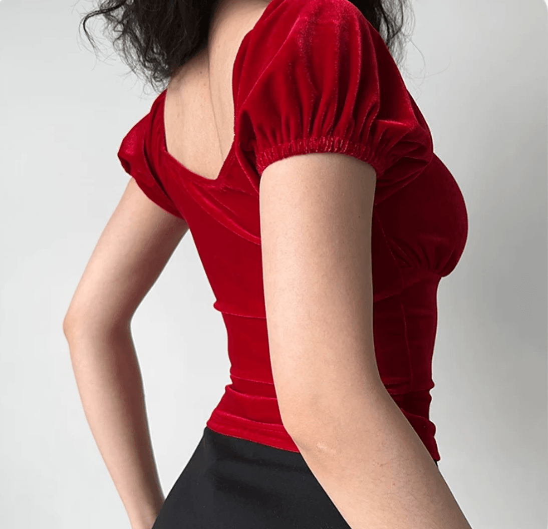 Side back view red velvet off shoulder puff short sleeve crop top, slim fitted elegant vintage romantic party blouse