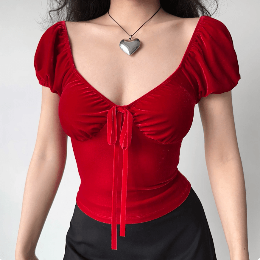 Women red velvet off shoulder V neck tie front puff short sleeve slim fitted crop top, elegant romantic vintage party blouse