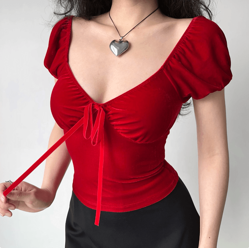 Front view red velvet ruched bust ribbon tie V neck puff sleeve crop top, slim elegant vintage romantic party blouse