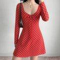 Red white polka dot mini dress with long sleeves and tie-front detail