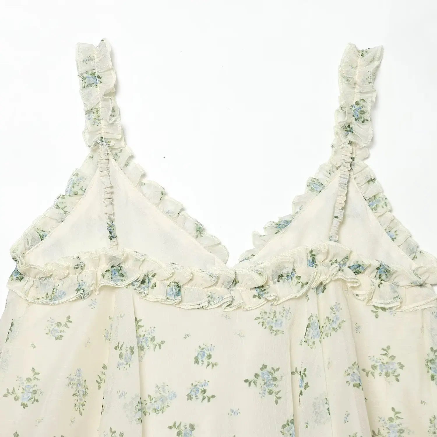 Back neck full frill trim close-up, elastic ruched back strap band, soft matte woven lining