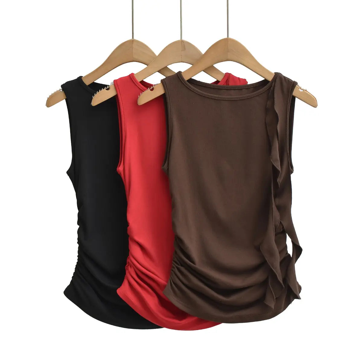 Ruched tank top with ruffle strap in black, brown and red colorways