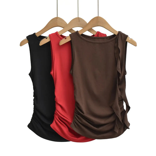 Ruched tank top with ruffle strap in black, brown and red colorways
