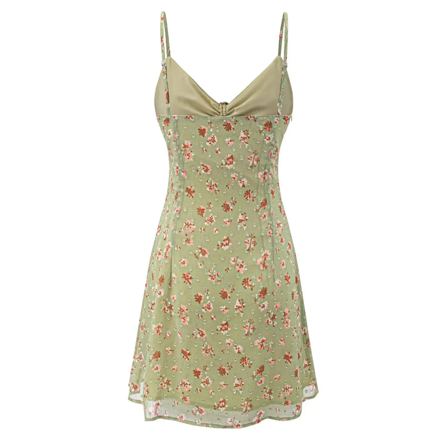 Studio product back view of green floral cami dress, adjustable slider straps, solid matching inner lining, simple low back cut