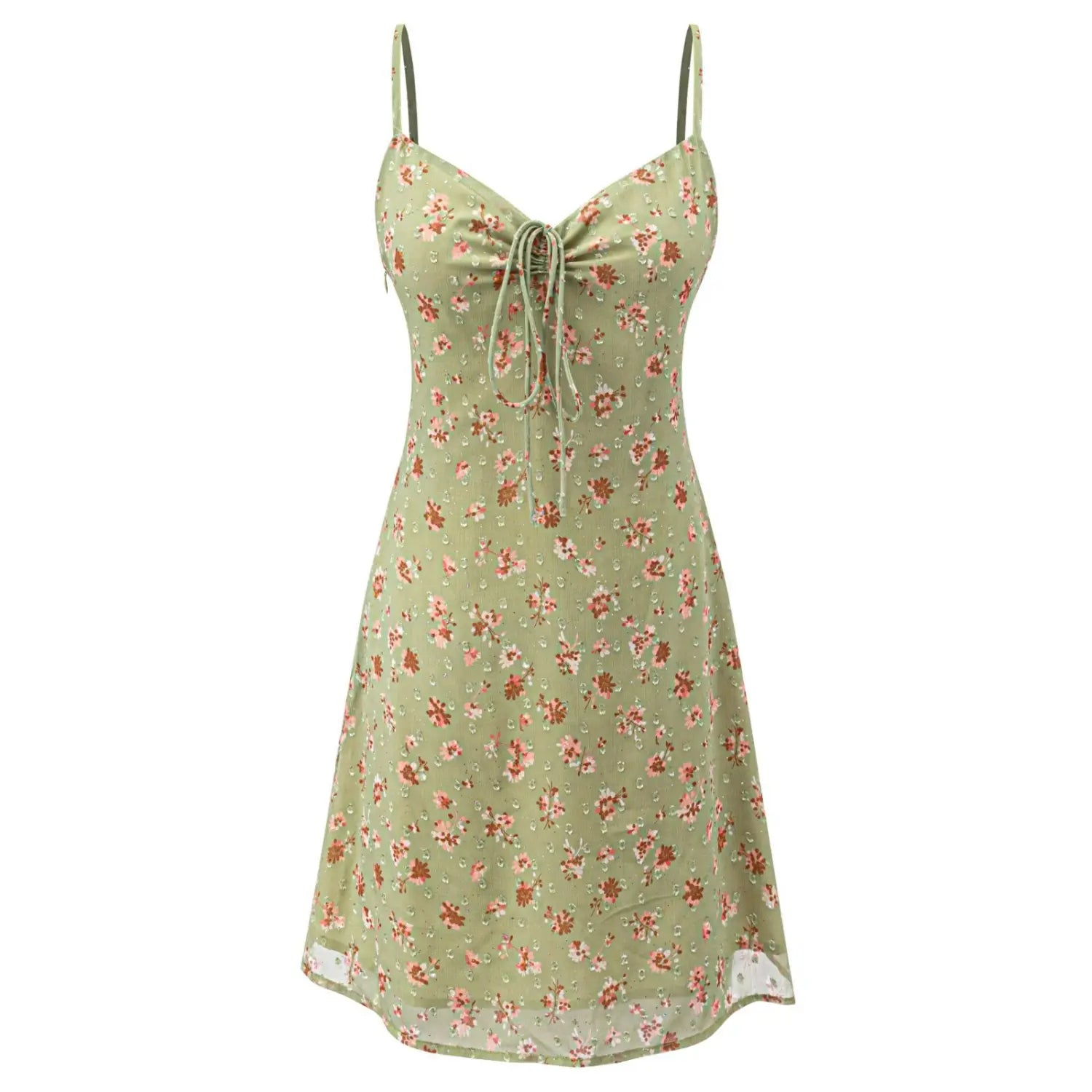 Studio flat product front shot of sage green floral mini slip dress, full view of V drawstring bust and irregular hem