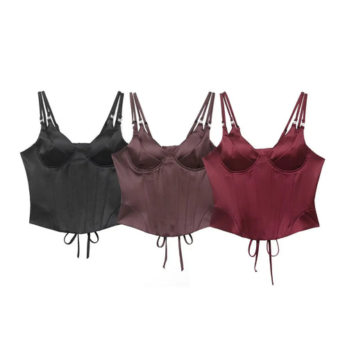 Satin corset top in black, brown and wine red colorways
