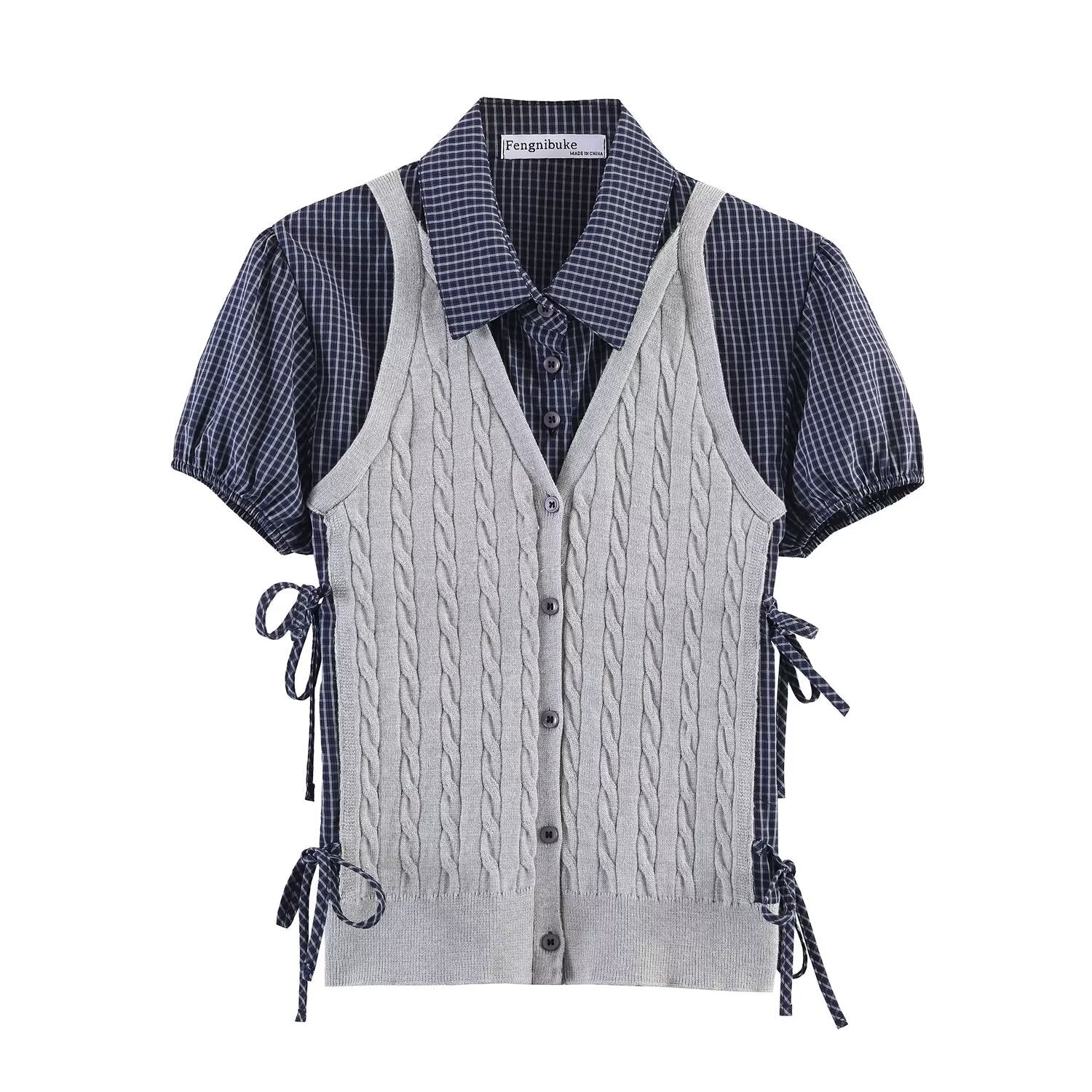 Back view of knit vest and plaid shirt set