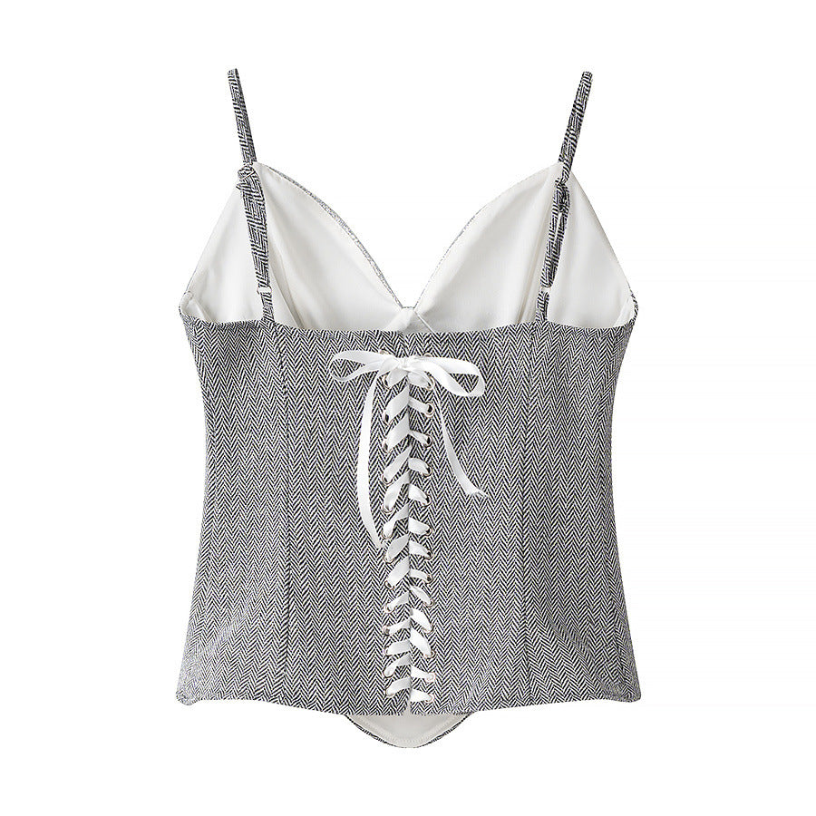 Back flat view silver glitter herringbone patchwork back lace up bow spaghetti strap slim fitted corset crop top, elegant chic party nightclub blouse